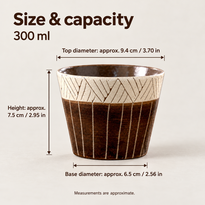 Brown geometric cup dimensions: top diameter approx. 9.4 cm, height 7.5 cm and base diameter 6.5 cm; capacity 300 ml
