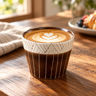 Brown geometric ceramic coffee cup holding a latte with leaf art on a sunlit wooden breakfast table