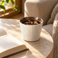 Fine blue-gray pinstripe ceramic cup filled with iced coffee beside an open book and beige armchair