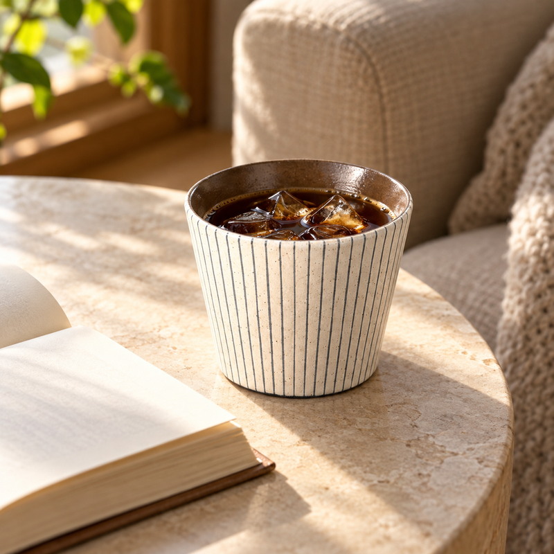 Fine blue-gray pinstripe ceramic cup filled with iced coffee beside an open book and beige armchair