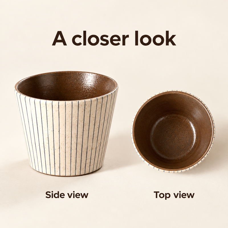 Side and top views of the same empty fine pinstripe ceramic coffee cup with a brown glazed interior