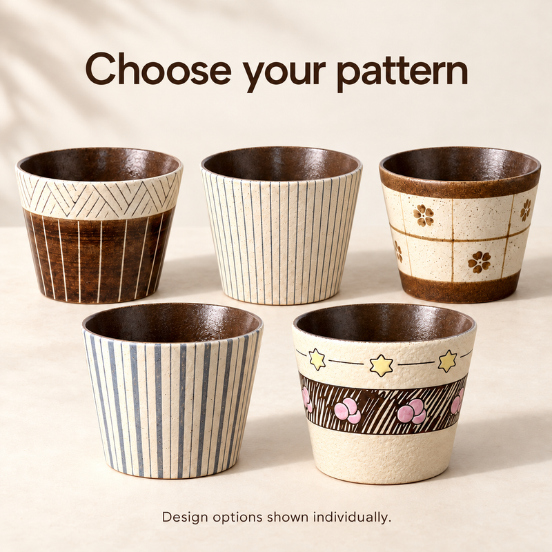 Five handleless ceramic cup pattern options: brown geometric, fine pinstripe, wide stripe, brown floral grid and yellow stars with pink motifs