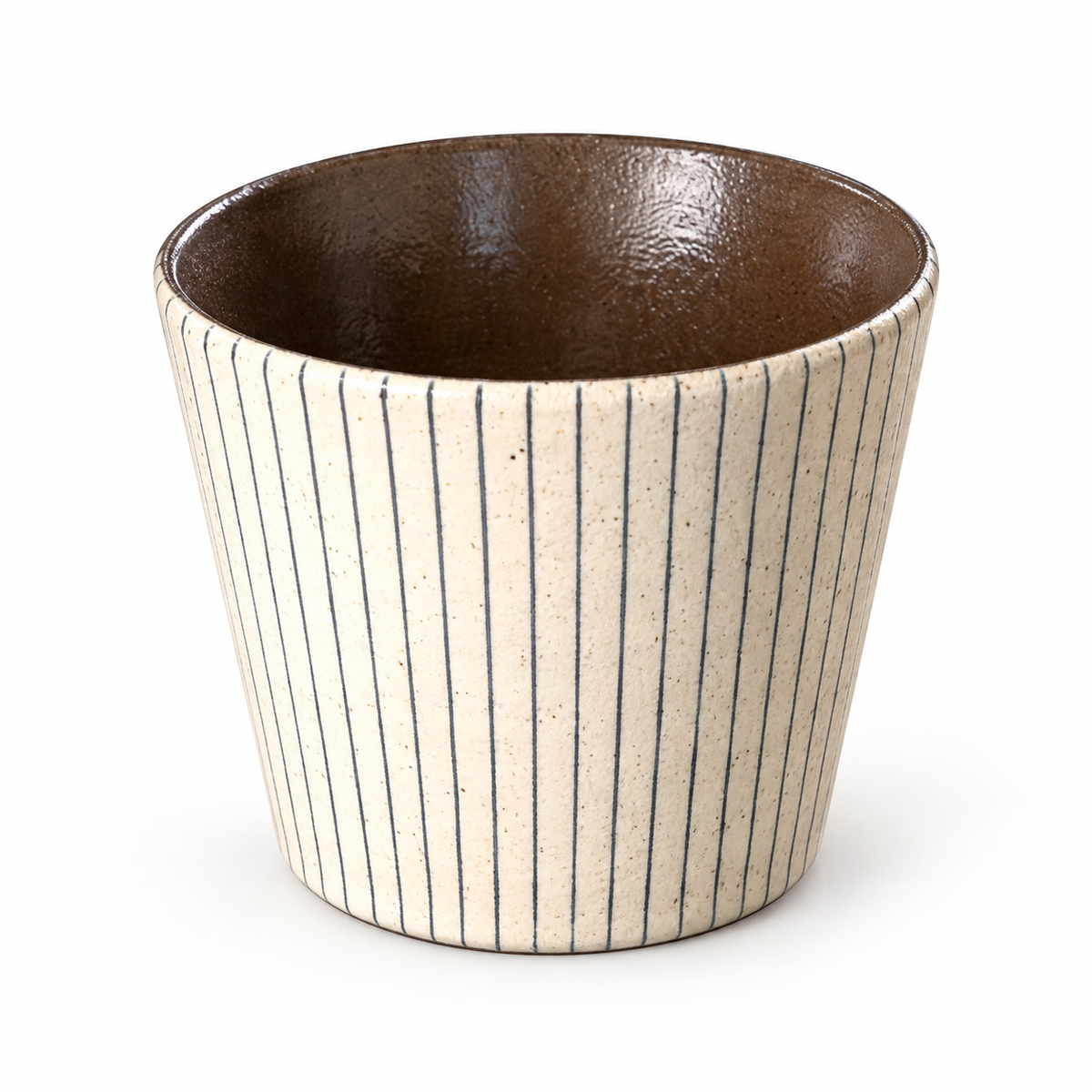 Fine blue-gray pinstripe handleless ceramic coffee cup with a cream exterior and brown glazed interior on white