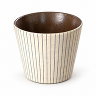 Fine blue-gray pinstripe handleless ceramic coffee cup with a cream exterior and brown glazed interior on white