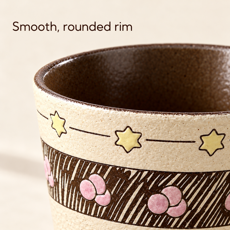 Close-up of the rounded brown rim and glazed interior of the ivory cup with yellow stars and pink motifs