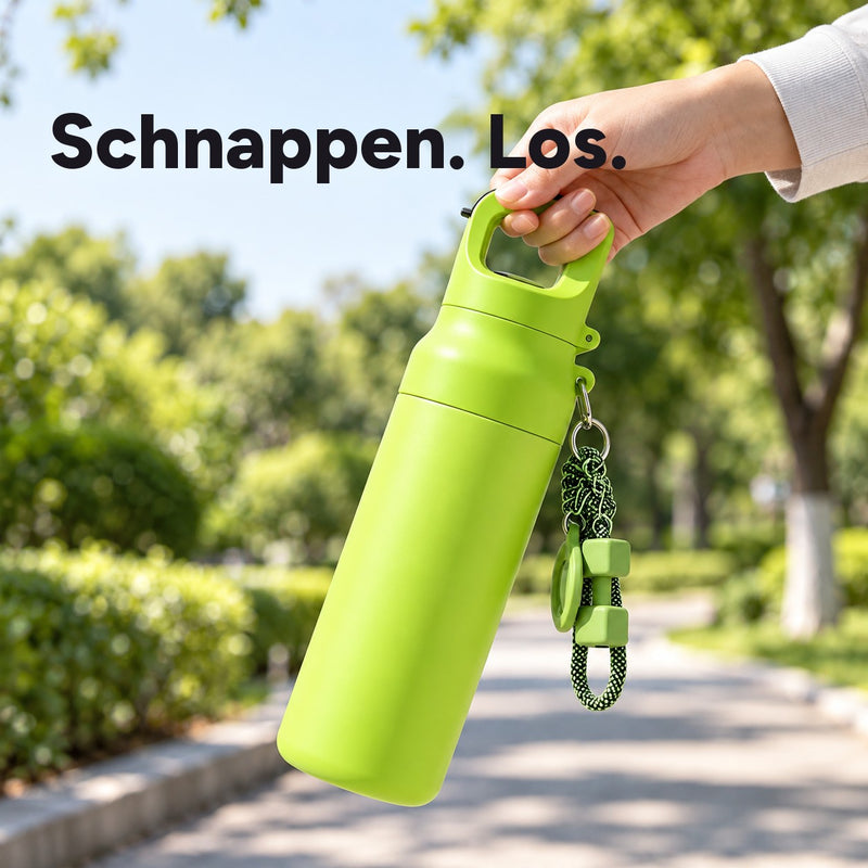Grüne 620-ml-Trinkflasche, am integrierten Deckelgriff auf einem Parkweg getragen