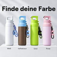 Farbvarianten: Weiß, Kaffeebraun mit blauem Deckel, Grün und Rosa