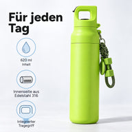 Grüne Flasche mit 620 ml Inhalt, Innenseite aus Edelstahl 316 und integriertem Tragegriff