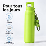 Gourde verte de 620 ml, intérieur en inox 316 et poignée de transport intégrée