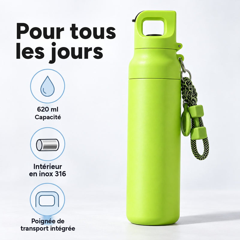Gourde verte de 620 ml, intérieur en inox 316 et poignée de transport intégrée