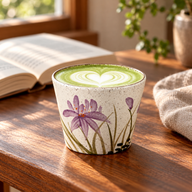 Keramische kop met Iris-motief vol matcha latte op een zonnig houten bureau.