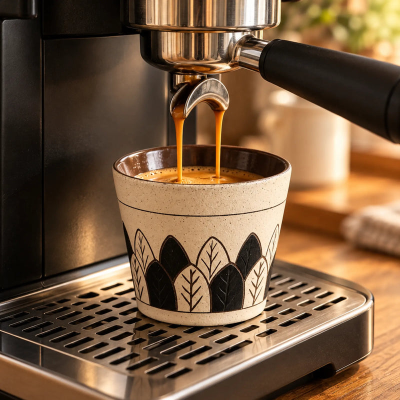Espresso wordt in een ivoren keramische kop met overlappende zwarte en ivoren bladeren geschonken op het rooster van een espressomachine.