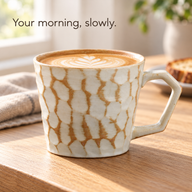Tazza in ceramica avorio da 350 ml con taglio sfaccettato, piena di latte macchiato, sul bancone della colazione