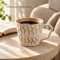 Tazza da caffè in ceramica avorio con caffè nero accanto a un libro in un angolo lettura