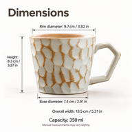 Dimensioni della tazza in ceramica da 350 ml: bordo 9,7 cm, altezza 8,3 cm, base 7,4 cm e larghezza totale 13,5 cm