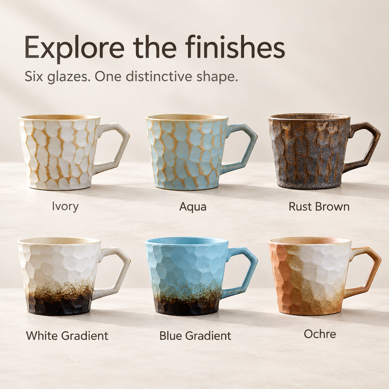 Sei finiture per la tazza in ceramica: Ivory, Aqua, Rust Brown, White Gradient, Blue Gradient e Ochre