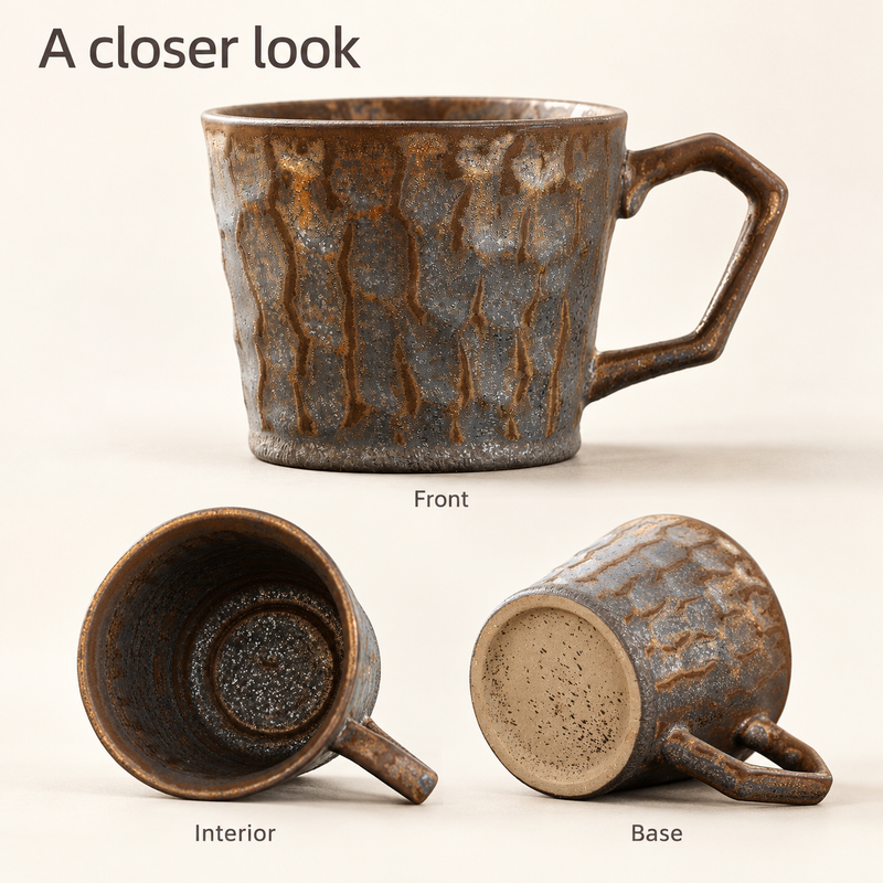 Tazza in ceramica Rust Brown vista di fronte, all’interno e dalla base