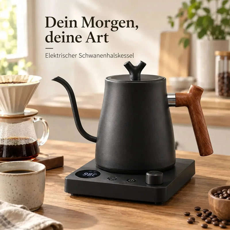Schwarzer elektrischer Schwanenhalskessel beim Pour-over