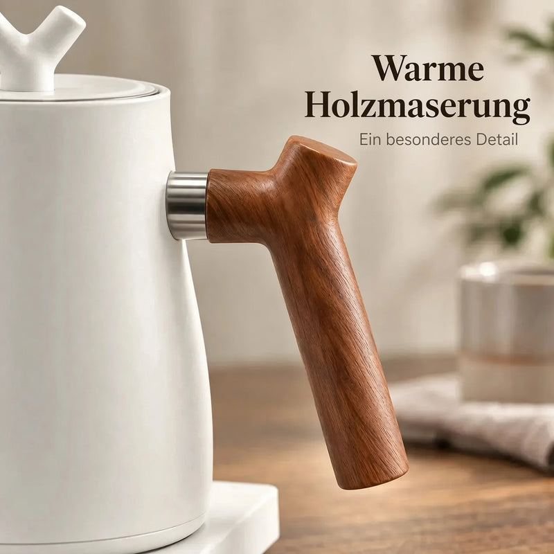 Griff in Holzoptik am weißen Schwanenhalskessel