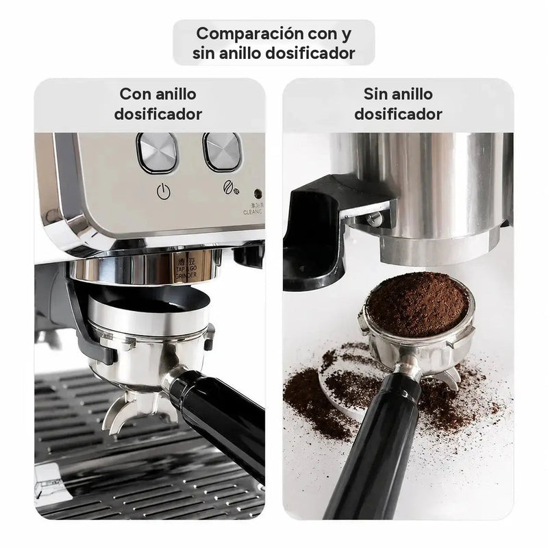 Comparación con y sin anillo dosificador: menos café derramado alrededor del portafiltro