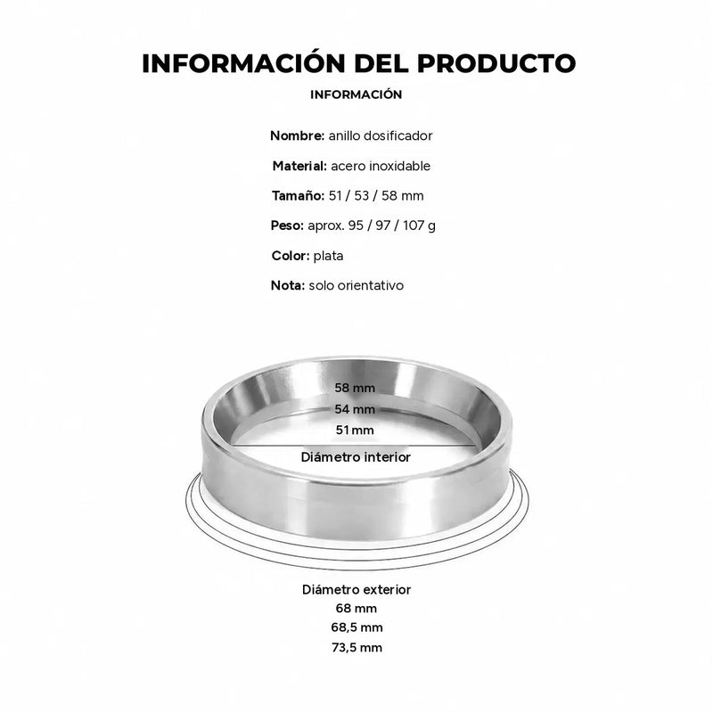 Información del producto: anillo dosificador de acero inoxidable, 51 / 53 / 58 mm, aprox. 95 / 97 / 107 g, diámetro exterior de 68 / 68,5 / 73,5 mm