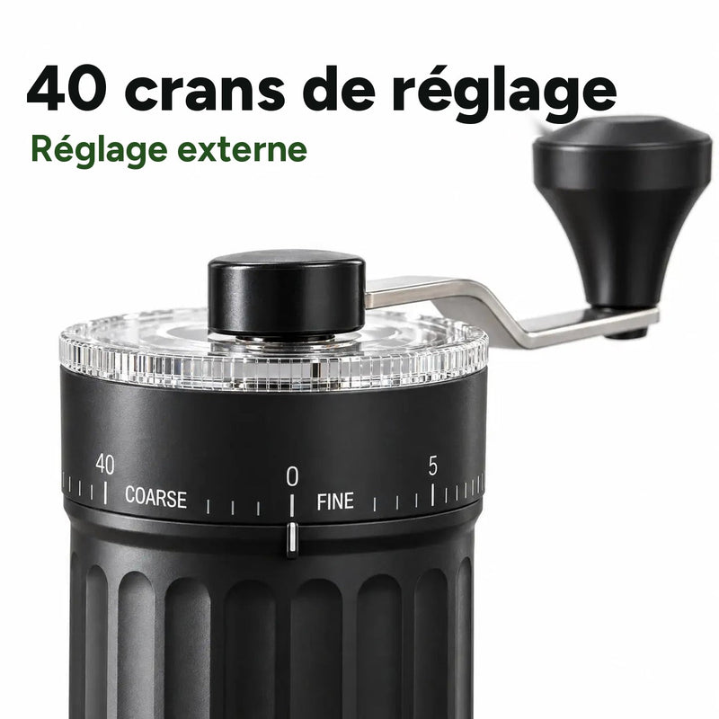 Moulin à café manuel : 40 crans de réglage externe de la mouture