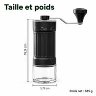 Taille et poids du moulin manuel : hauteur 18,9 cm, diamètre 5,78 cm, poids net 385 g
