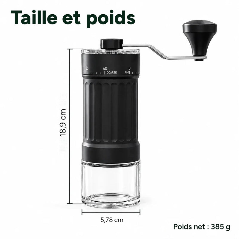 Taille et poids du moulin manuel : hauteur 18,9 cm, diamètre 5,78 cm, poids net 385 g