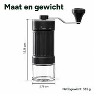 Maat en gewicht van de handmatige molen: hoogte 18,9 cm, diameter 5,78 cm, nettogewicht 385 g