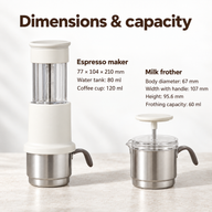 Dimensions of the 210 mm espresso maker and 95.6 mm milk frother, with water and cup capacities