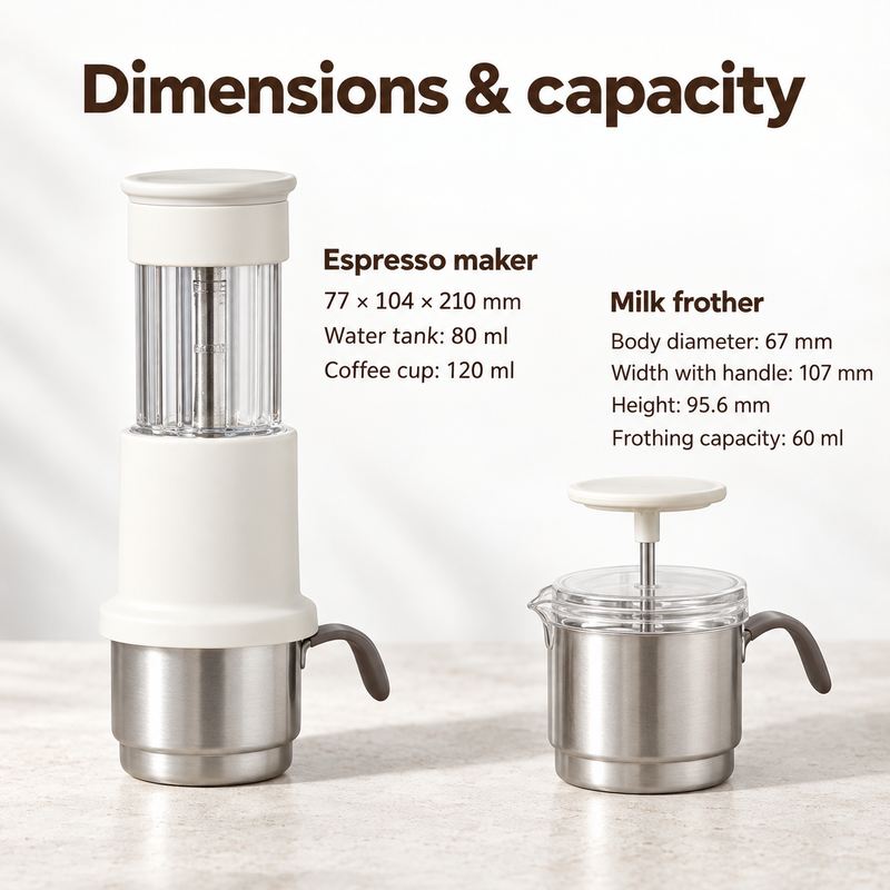 Dimensions of the 210 mm espresso maker and 95.6 mm milk frother, with water and cup capacities