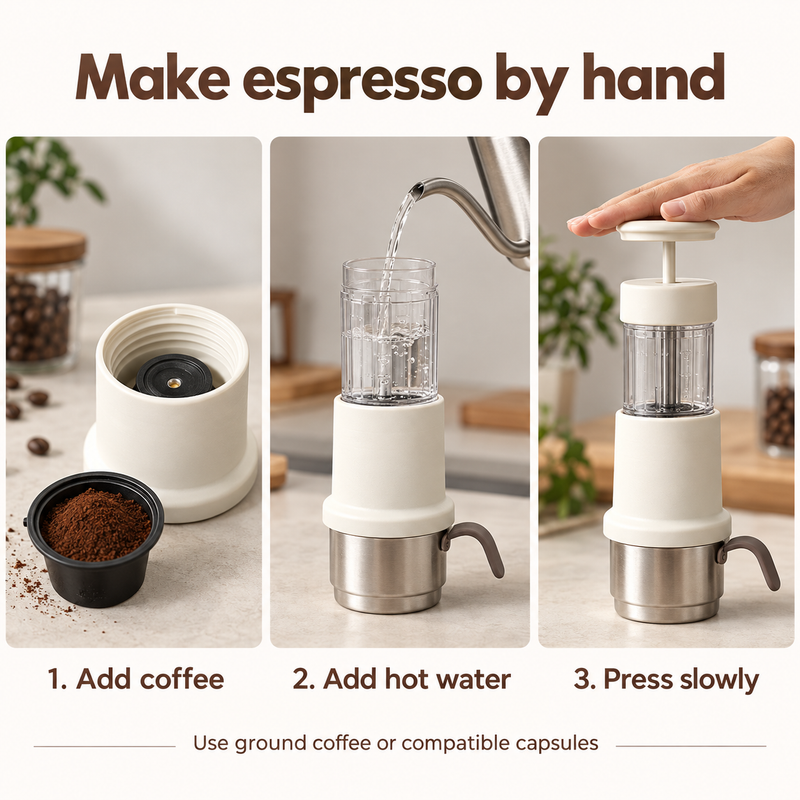 Three steps for manual espresso brewing: add coffee, add hot water and press slowly