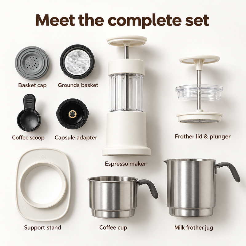 White espresso maker kit with coffee cup, milk frother, support stand, grounds basket, scoop and capsule adapter