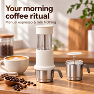 White hand-press espresso maker and compact milk frother on a home kitchen coffee counter
