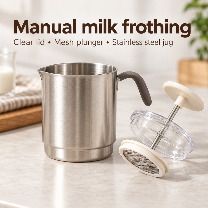 Stainless steel milk frother jug with clear lid, white press handle and removable mesh plunger