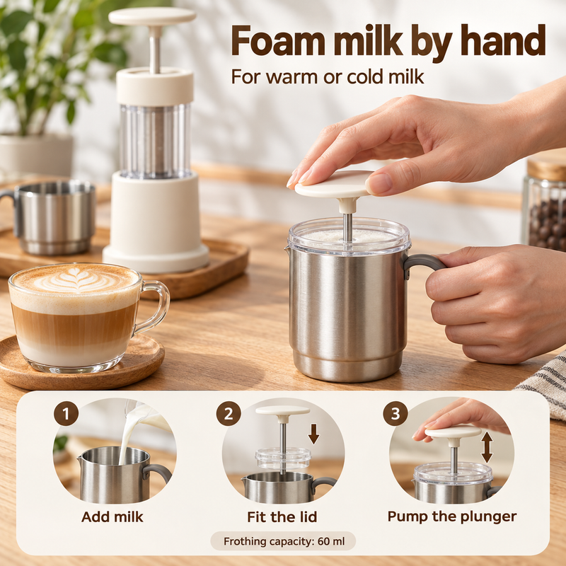 Using the manual milk frother with warm or cold milk and a 60 ml (2.0 fl oz) frothing capacity