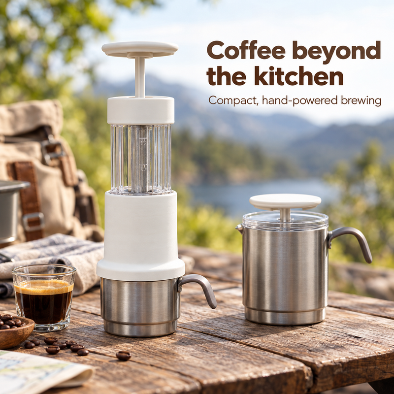 Portable white manual espresso maker and milk frother on an outdoor picnic table