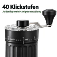 Nahaufnahme des außenliegenden Rads mit 40 Klickstufen an der Handkaffeemühle