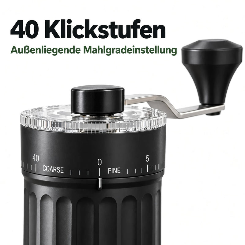 Nahaufnahme des außenliegenden Rads mit 40 Klickstufen an der Handkaffeemühle