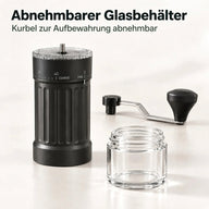 Handkaffeemühle mit abnehmbarem Glasbehälter und abgenommener Kurbel
