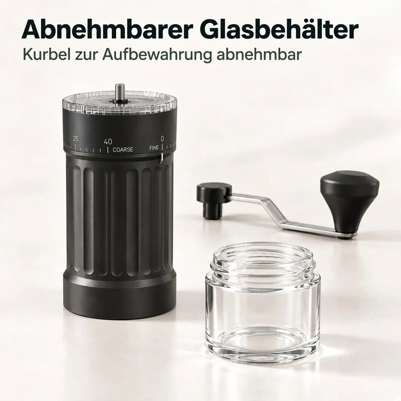 Handkaffeemühle mit abnehmbarem Glasbehälter und abgenommener Kurbel