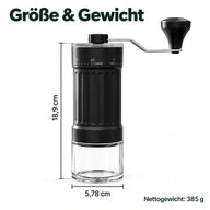 Maße der Handkaffeemühle: 18,9 cm Höhe, 5,78 cm Breite und 385 g Gewicht