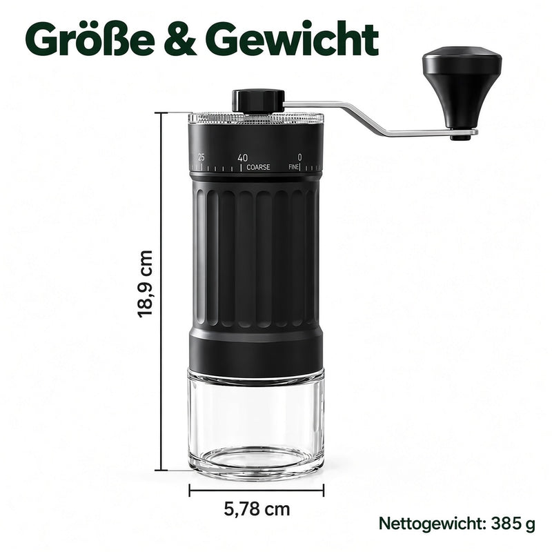Maße der Handkaffeemühle: 18,9 cm Höhe, 5,78 cm Breite und 385 g Gewicht