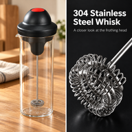 Close-up of the milk frother's 304 stainless steel spring-coil whisk