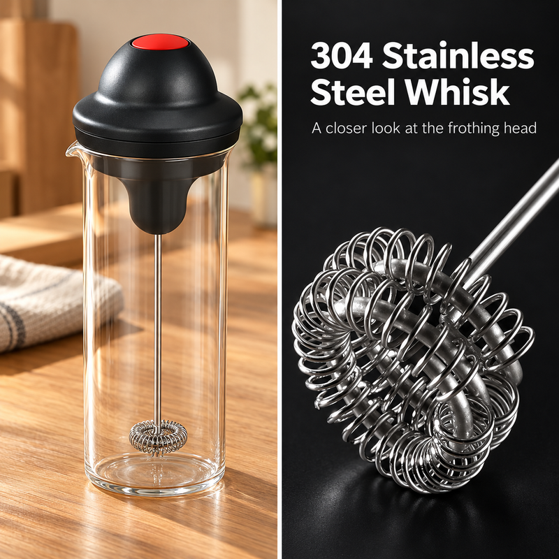 Close-up of the milk frother's 304 stainless steel spring-coil whisk