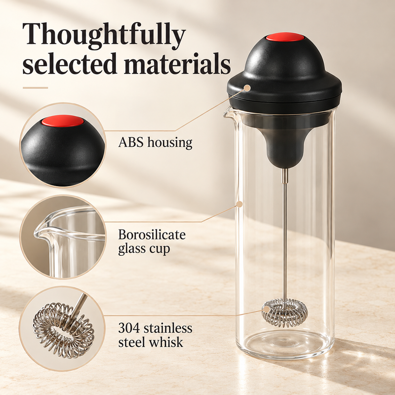 Milk frother materials showing ABS housing, borosilicate glass cup and 304 stainless steel whisk