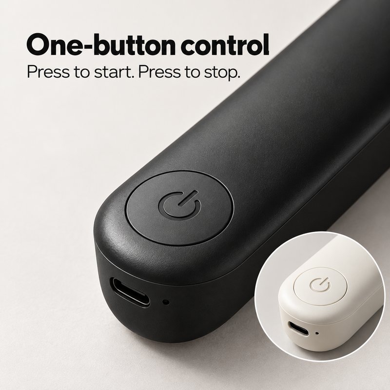 Black milk frother power button and USB-C port with an ivory handle detail inset