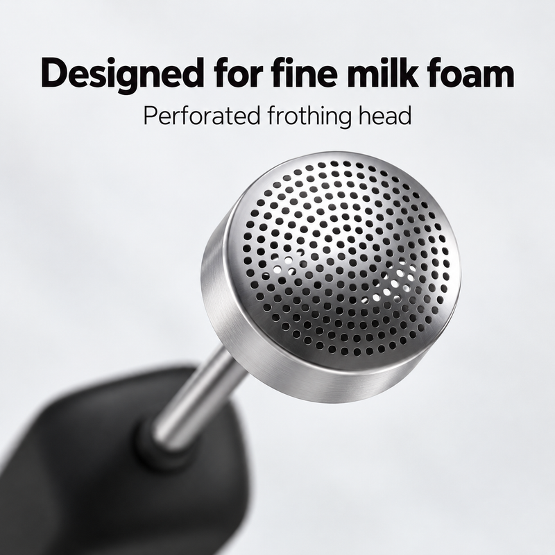 Close-up of the round perforated metal frothing head and straight shaft