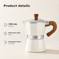 Witte mokapot van 150 ml met aanduidingen voor inhoud, behuizing van aluminiumlegering en houtlook-PP-handvat