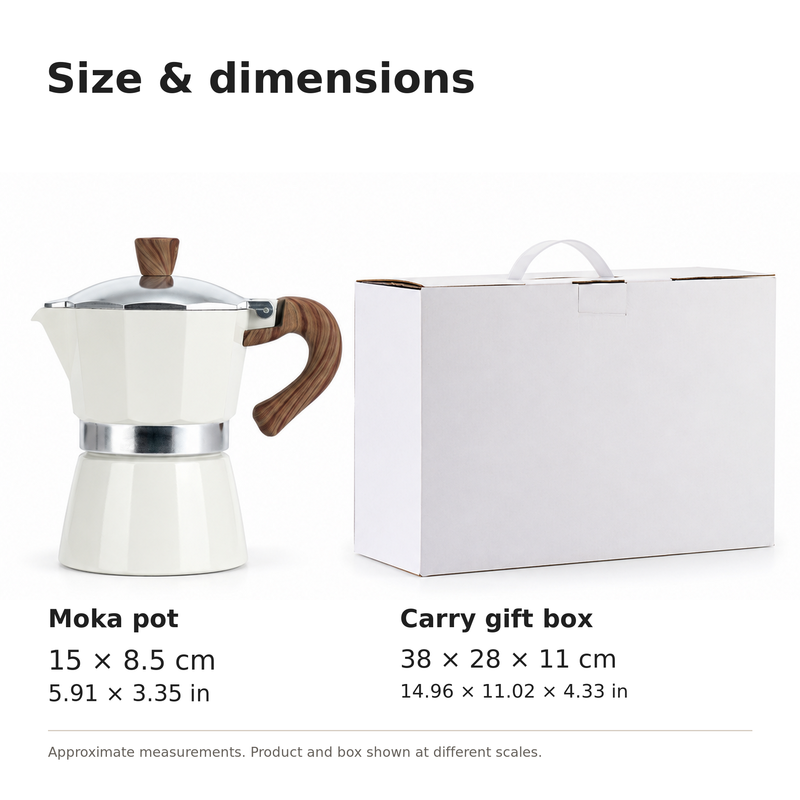 Opgegeven afmetingen van de mokapot 15 × 8,5 cm en de cadeaudoos 38 × 28 × 11 cm, met omrekening naar inches